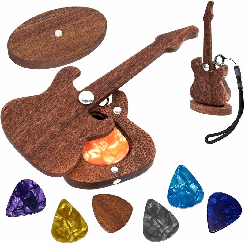 Eclatbox Wooden Guitar Pick Holder with Guitar Picks Guitar Pick Display Holder Guitar Keychain Home Decor Gifts for Christmas Birthday Valentines Anniversary - Image 1